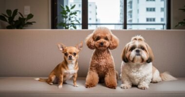 Chihuahua, Poodle e Shih Tzu em um sofá de apartamento