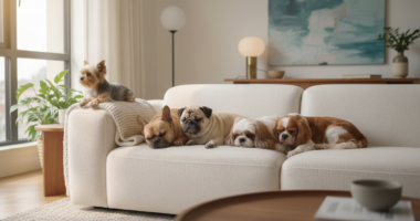 Cinco raças de cães populares para apartamentos pequenos convivendo harmoniosamente em um ambiente doméstico.