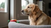 Golden Retriever calmo deitado em sua cama com um brinquedo enquanto o tutor está fora de casa.