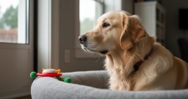 Golden Retriever calmo deitado em sua cama com um brinquedo enquanto o tutor está fora de casa.