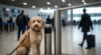 Filhote de goldendoodle abandonado em poste de aeroporto