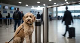 Filhote de goldendoodle abandonado em poste de aeroporto