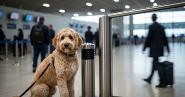 Filhote de goldendoodle abandonado em poste de aeroporto