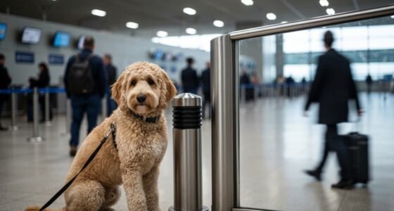 Filhote de goldendoodle abandonado em poste de aeroporto
