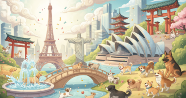 Cães felizes explorando uma paisagem urbana com ícones de cidades globais como Paris, Rio e Tóquio.