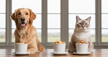 Cão e gato comendo ração de qualidade em tigelas, promovendo saúde e bem-estar.