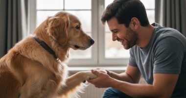Cachorro dando a pata para seu tutor em gesto de afeto