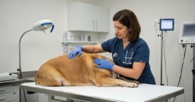 Veterinária examinando um cão com sobrepeso em uma clínica, alertando para riscos de saúde.
