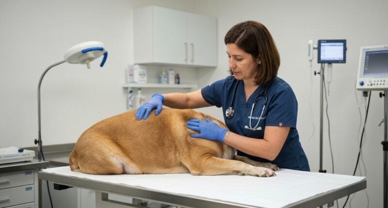 Veterinária examinando um cão com sobrepeso em uma clínica, alertando para riscos de saúde.