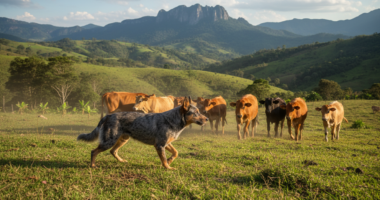 Cão Pastor da Mantiqueira pastoreando rebanho em paisagem rural da Serra da Mantiqueira.