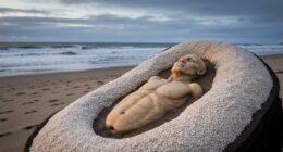 Pegada humana de 2 mil anos descoberta em praia de argila na Escócia, com o mar ao fundo.