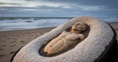 Pegada humana de 2 mil anos descoberta em praia de argila na Escócia, com o mar ao fundo.