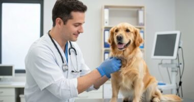 Médico veterinário examinando um cão em clínica moderna.