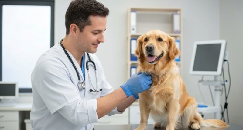 Médico veterinário examinando um cão em clínica moderna.