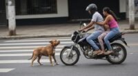 Casal em motocicleta puxando cachorro pela coleira em rua de Santos