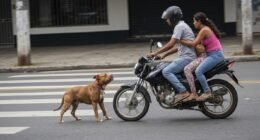 Casal em motocicleta puxando cachorro pela coleira em rua de Santos