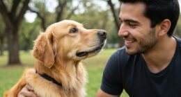 Tutor e cão compartilhando um momento de afeto e conexão visual em um parque.