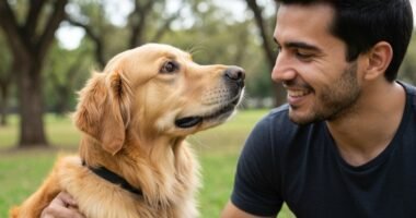 Tutor e cão compartilhando um momento de afeto e conexão visual em um parque.