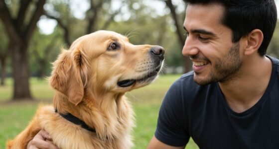 Tutor e cão compartilhando um momento de afeto e conexão visual em um parque.