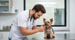 Veterinário examinando um cão em clínica pública com seu tutor presente.