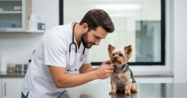 Veterinário examinando um cão em clínica pública com seu tutor presente.
