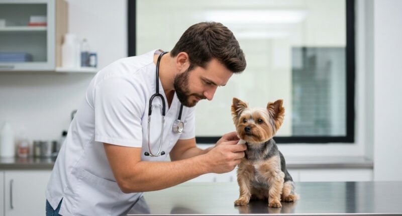 Veterinário examinando um cão em clínica pública com seu tutor presente.