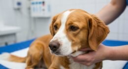 Cadela Pretinha em cama veterinária em clínica de Florianópolis recebendo carinho durante tratamento.