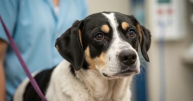 Cadela Pretinha em ambiente clínico veterinário, demonstrando fragilidade e serenidade durante tratamento.
