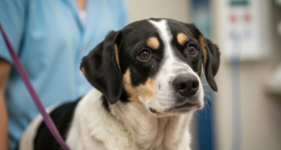Cadela Pretinha em ambiente clínico veterinário, demonstrando fragilidade e serenidade durante tratamento.