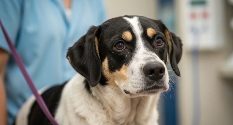 Cadela Pretinha em ambiente clínico veterinário, demonstrando fragilidade e serenidade durante tratamento.