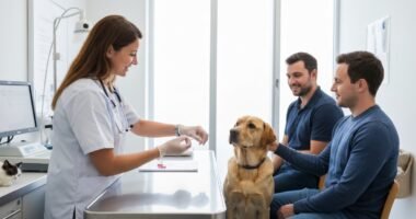 Veterinário examinando um cão e um gato em um consultório moderno.