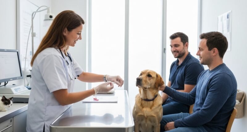 Veterinário examinando um cão e um gato em um consultório moderno.