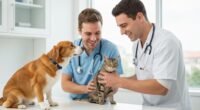 Veterinário examinando um cão e um gato enquanto o tutor observa