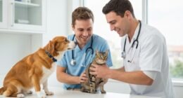 Veterinário examinando um cão e um gato enquanto o tutor observa