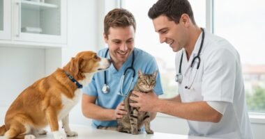 Veterinário examinando um cão e um gato enquanto o tutor observa