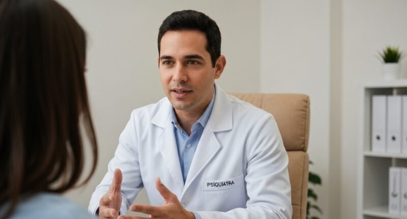 Psiquiatra em consulta avaliando comportamento de paciente
