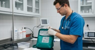 Veterinário analisando saco de ração canina em laboratório