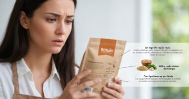 Tutor analisando rótulo de ração para pet, com foco na discrepância de ingredientes.