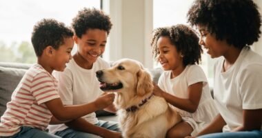Família feliz brincando com um cachorro Golden Retriever em casa
