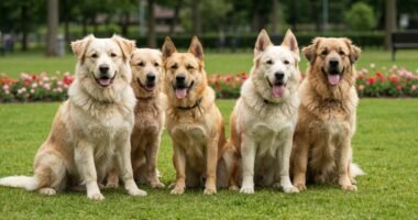 Seis raças de cachorros grandes e brancos lado a lado