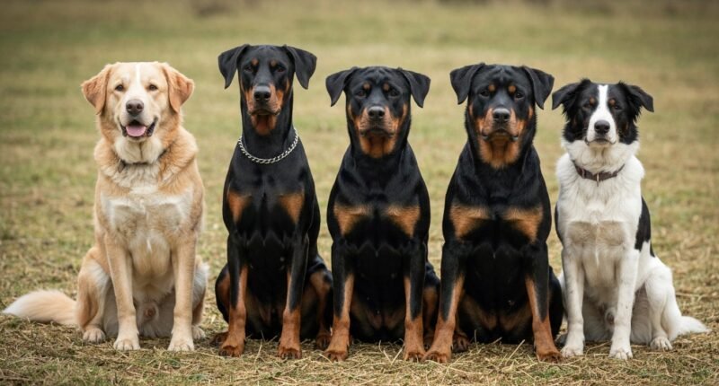 Grupo de raças de cachorro inteligentes e protetoras: Pastor Alemão, Doberman, Rottweiler e Border Collie