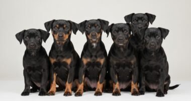Grupo de sete cachorros pequenos de pelagem preta