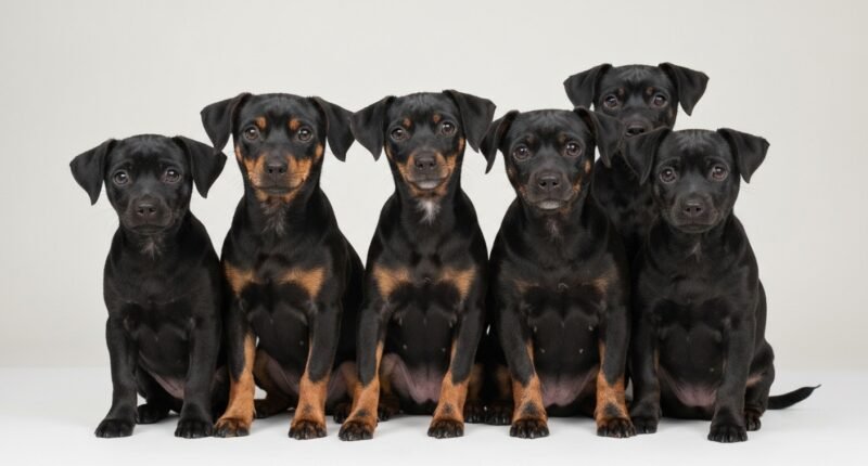 Grupo de sete cachorros pequenos de pelagem preta