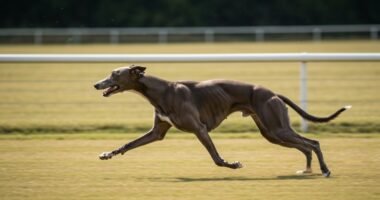 Greyhound correndo em alta velocidade em uma pista de grama ao pôr do sol