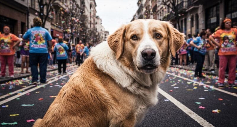 Cão assustado em meio à multidão do Carnaval