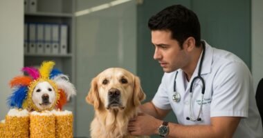 Médico veterinário examinando cão preocupado durante período de carnaval