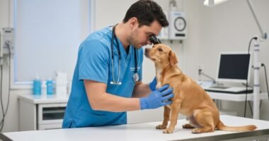 Veterinário examinando um cão em clínica especializada