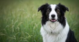 Cachorro border collie demonstrando sinais de inquietação e hiperatividade em um parque.
