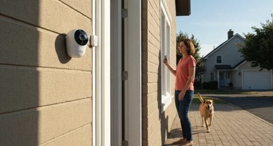 Pessoa preocupada olha para câmera Ring enquanto cachorro brinca no quintal