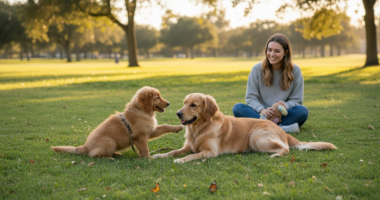 Filhote de cachorro socializando com cão adulto em um parque